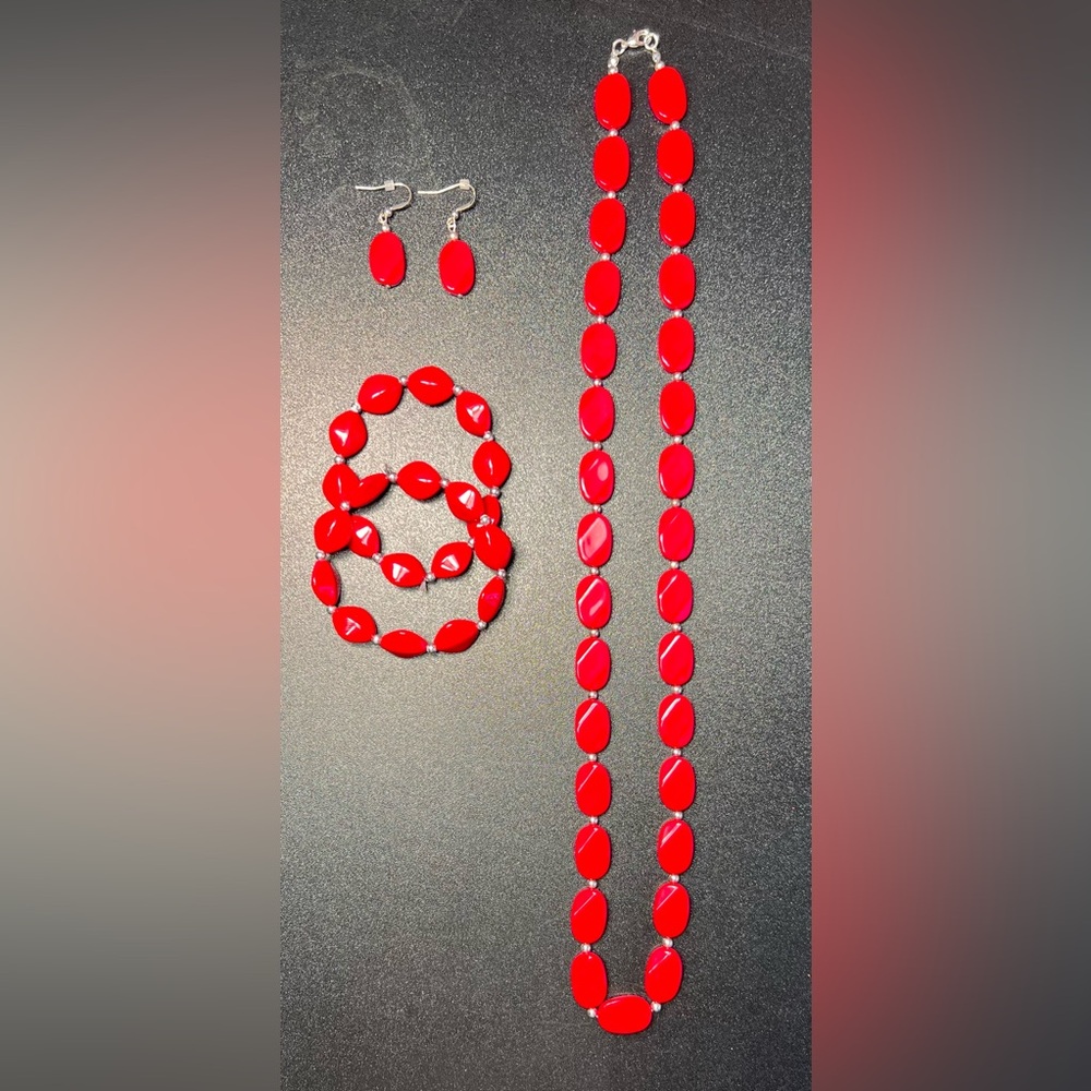 Cherry Red Acrylic Silver Tone ❤️ Valentine's Day 4 Pc Necklace Earring Bracelet